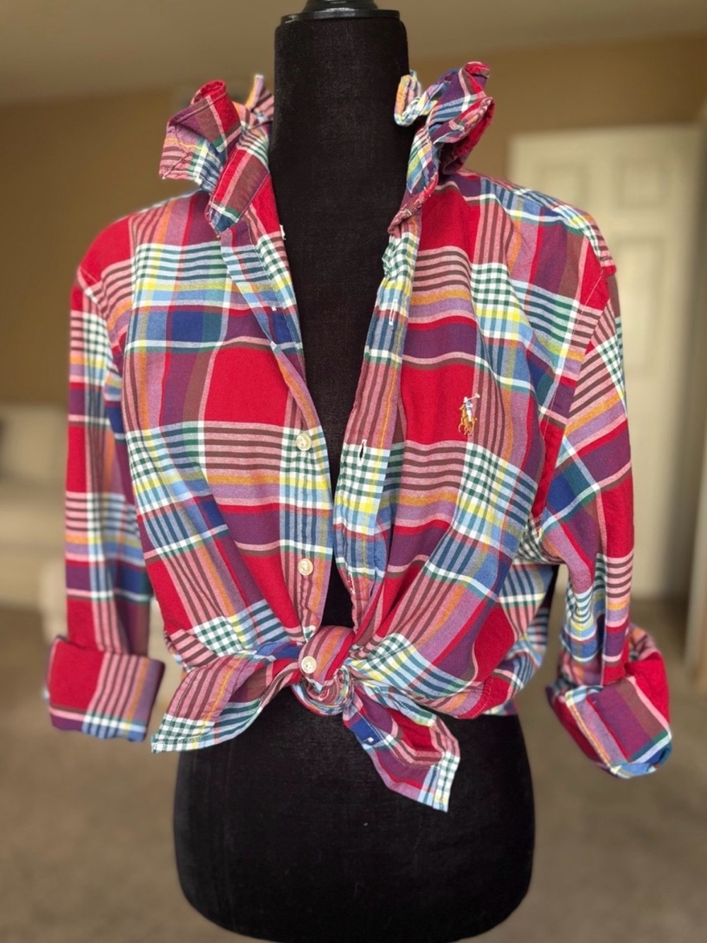 Reworked Ralph Lauren Multicolor Plaid Button-Down Shirt with ruffle collar